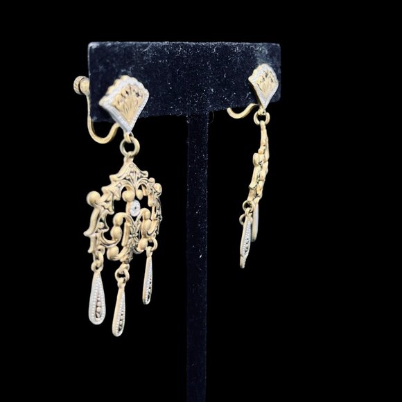 Vintage Gold Tone And Silver Tone Dangle Screw Back Earrings (5289) - Picture 4 of 5
